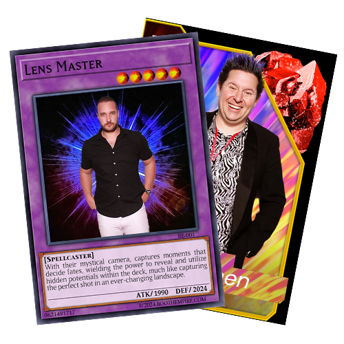 Custom trading card examples produced by Booth Empire, showing branded design and personalized stats
