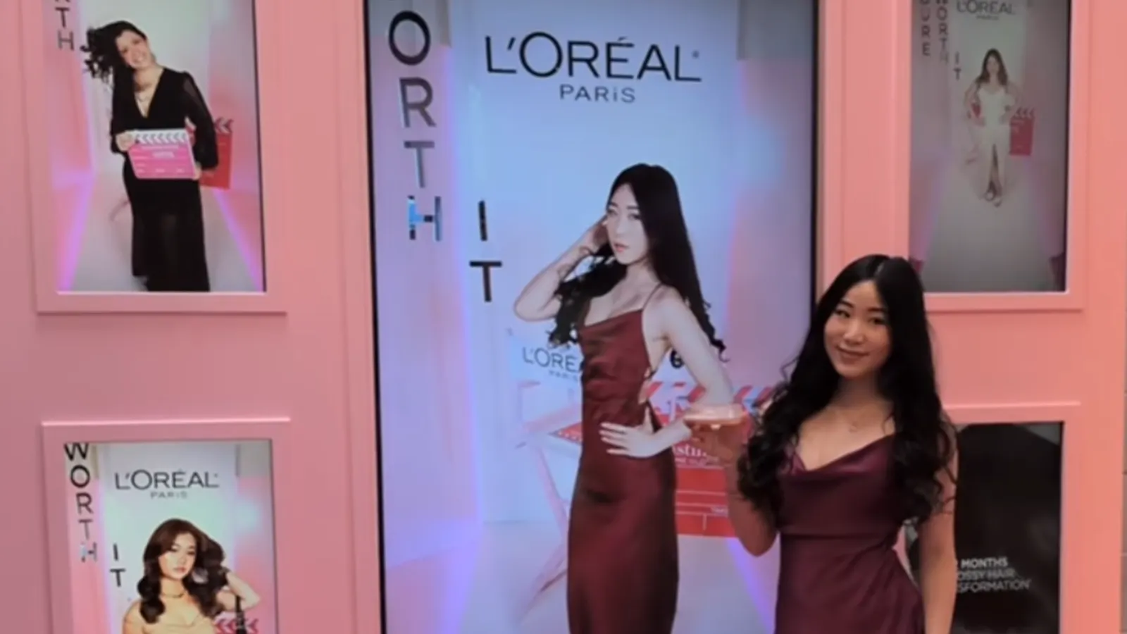 Five-screen video wall displaying Glambot videos at the L'Oreal Paris launch at Transmission Studios in Toronto