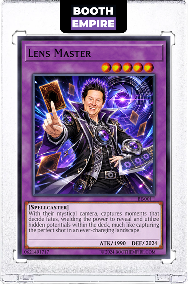 AI-generated Lens Master trading card by Booth Empire, showing the guest reimagined with AI styling