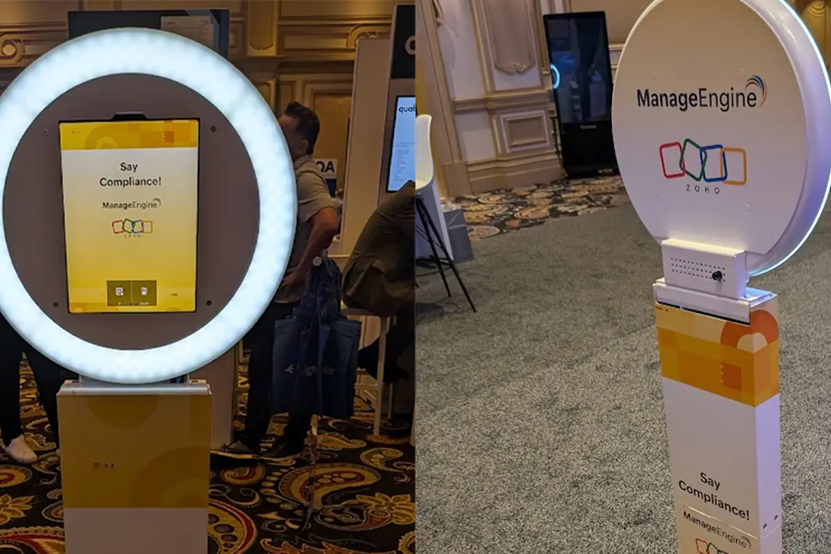 Custom-wrapped AI photo booth for Zoho at the Bellagio in Las Vegas producing superhero-themed AI portraits