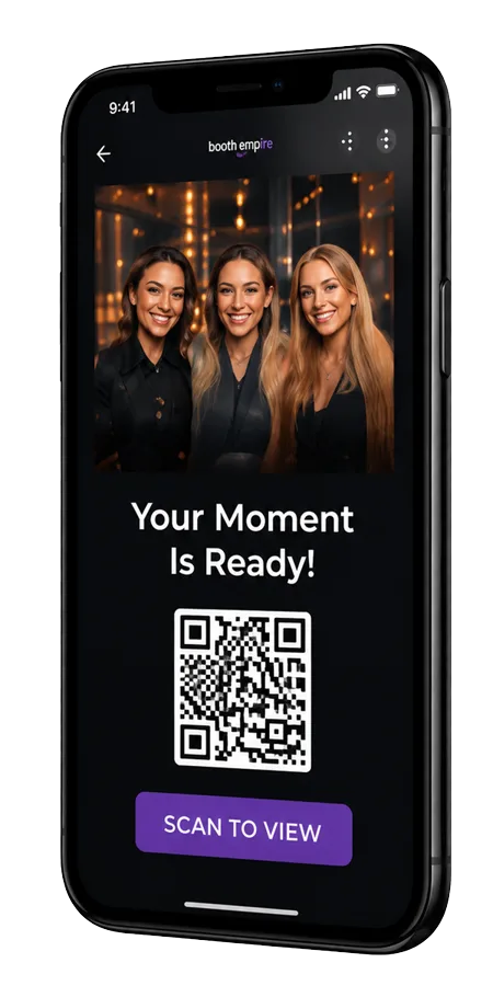 Smartphone showing a guest's photo delivered instantly through the Booth Empire gallery